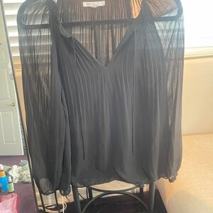 DR2 Black Sheer Pleated V-Neck Blouse with Long Sleeves